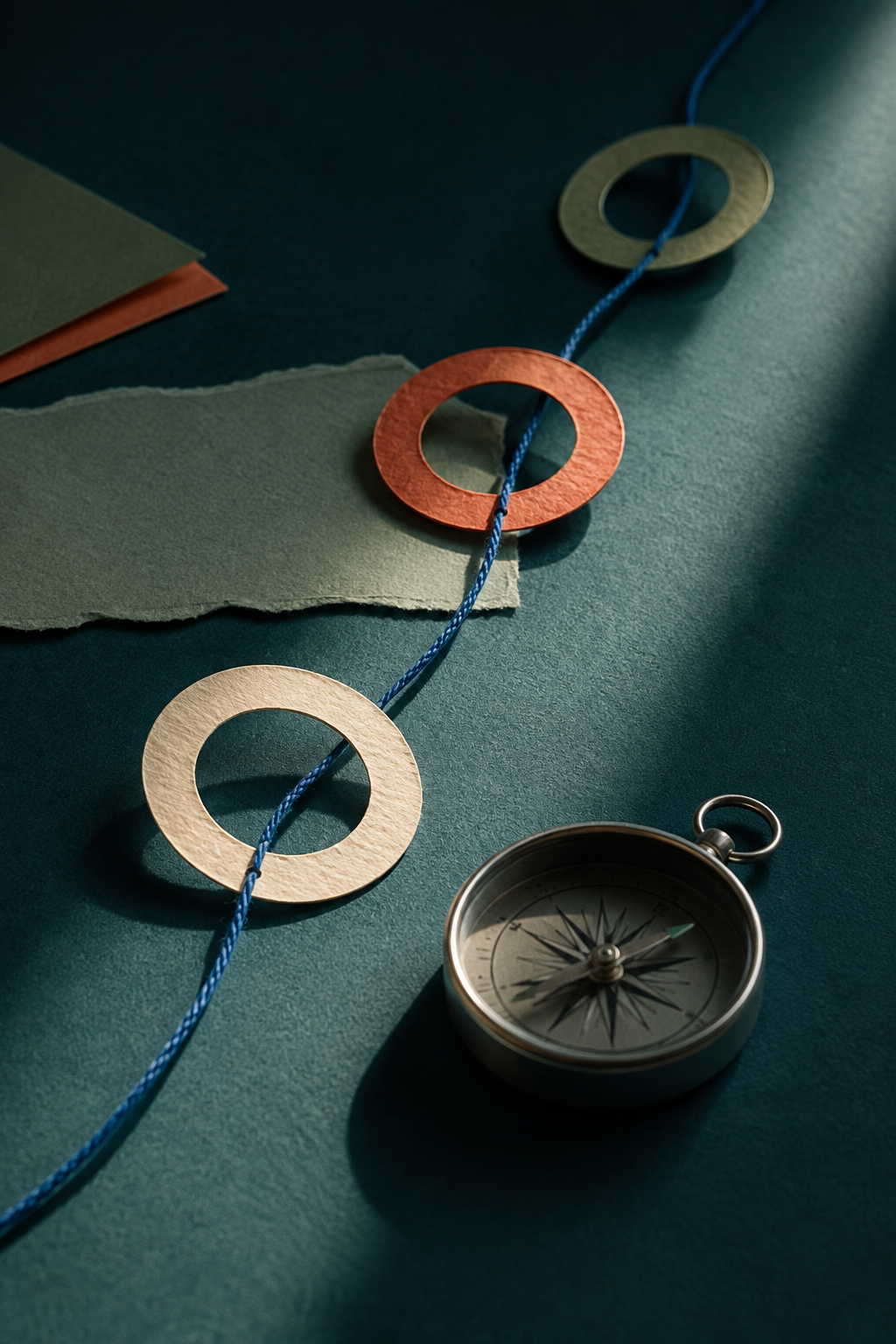 Boussole posée sur des cercles reliés par un fil bleu, image évoquant l’orientation.