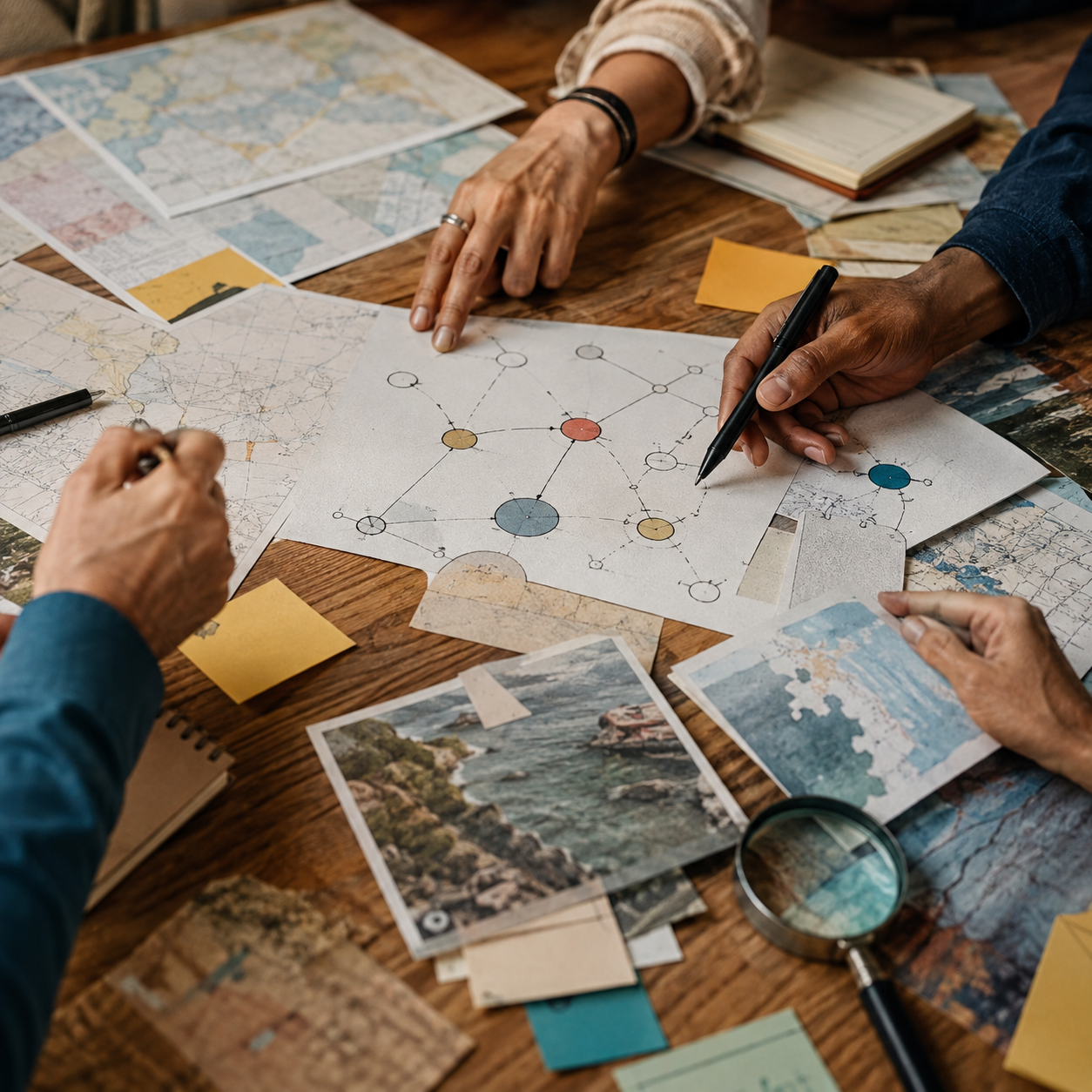 Trois personnes organisent des cartes et un schéma de liens sur une table de travail.